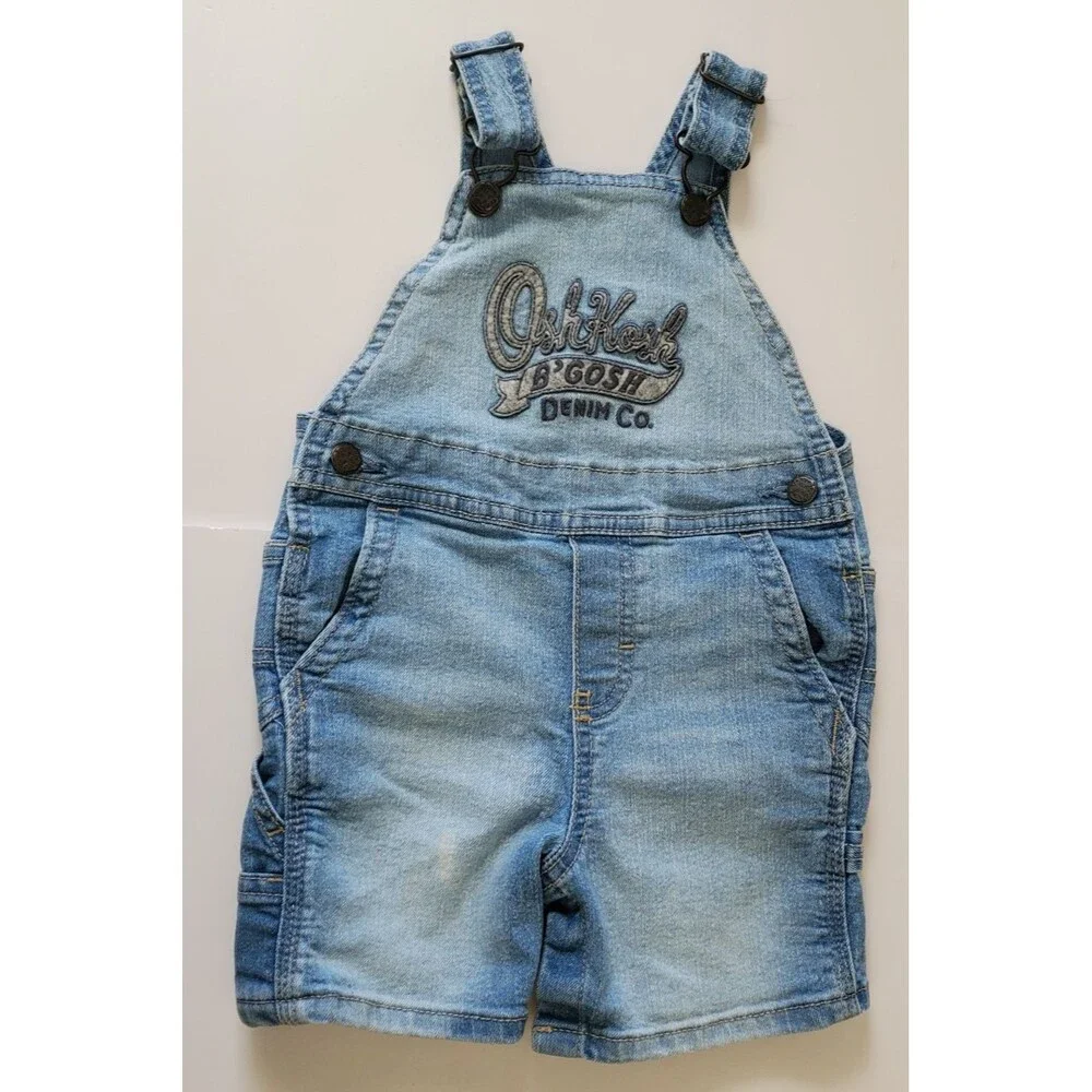 Oshkosh B'Gosh Blue Denim Overalls 18 Months Snap Bottom Shorts Embroidered Logo